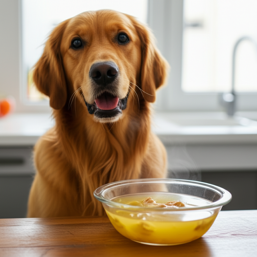 Generate a high-quality, relevant image prompt for an article about: Are Chicken Broth Good For Dogs