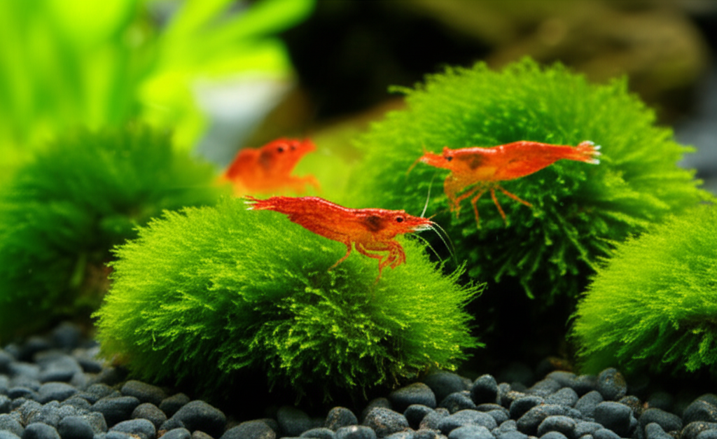 Generate a high-quality, relevant image prompt for an article about: Are Moss Balls Good For Shrimp: