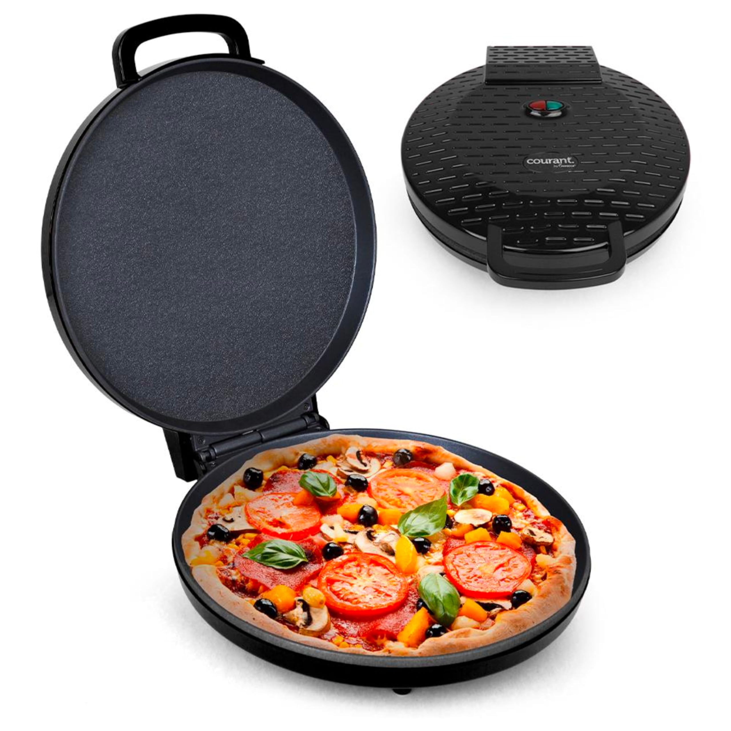 Courant Countertop Pizza Maker 12 inch Pizzas Machine, Newly improved Cool-touch Handle Non-Stick plates Pizza oven & Calzone Maker, Electric Oven for Home or School, 12” Indoor Grill/Griddle, Black