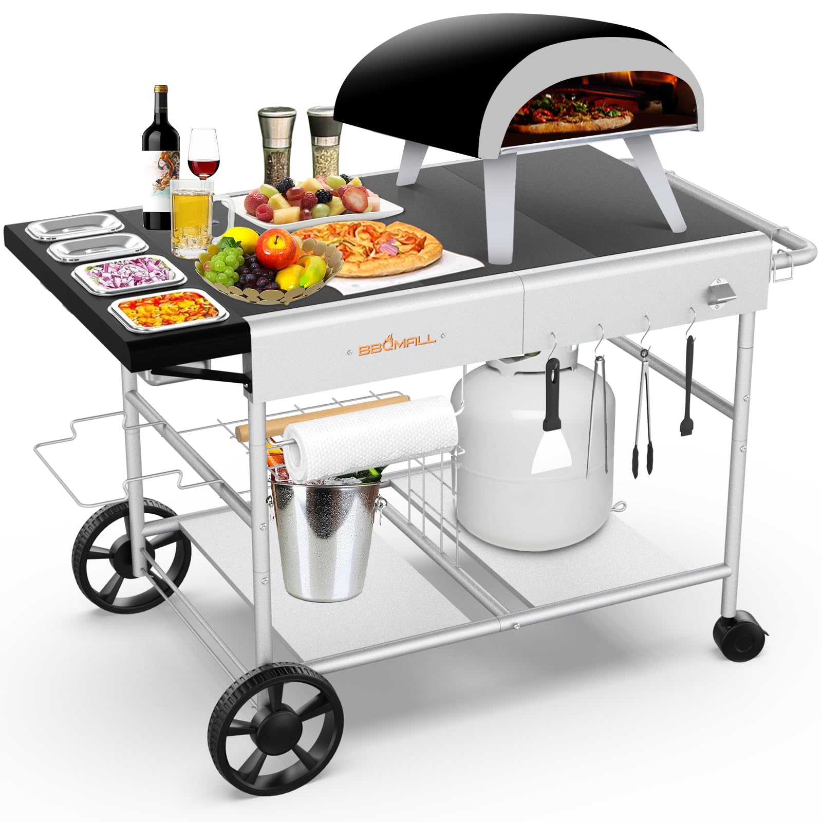 Pizza Oven Table Grill Cart with Pizza Topping Station Movable Food and Prep Workcart Outdoor Grill Table Stand for Ninja Woodfire Blackstone Griddle Cuisinart etc Grill, Barbecue tool set