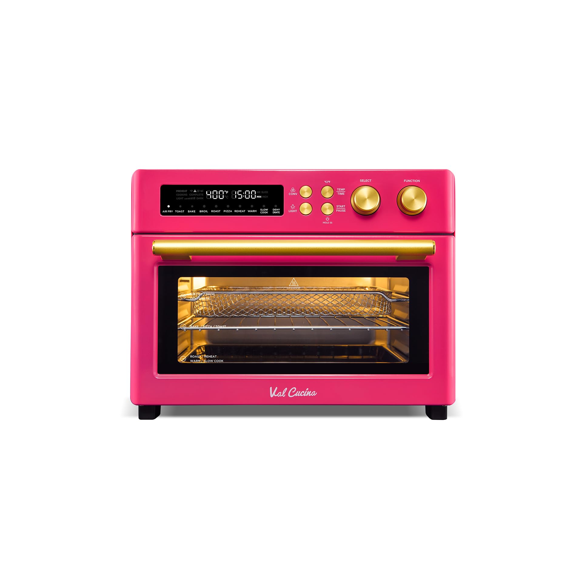 VAL CUCINA Limited Edition Happy Pink Infrared Heating Air Fryer Toaster Oven, Extra Large Countertop Convection Oven 10-in-1 Combo, 6-Slice Toast, Enamel Baking Pan Easy Clean with Recipe Book
