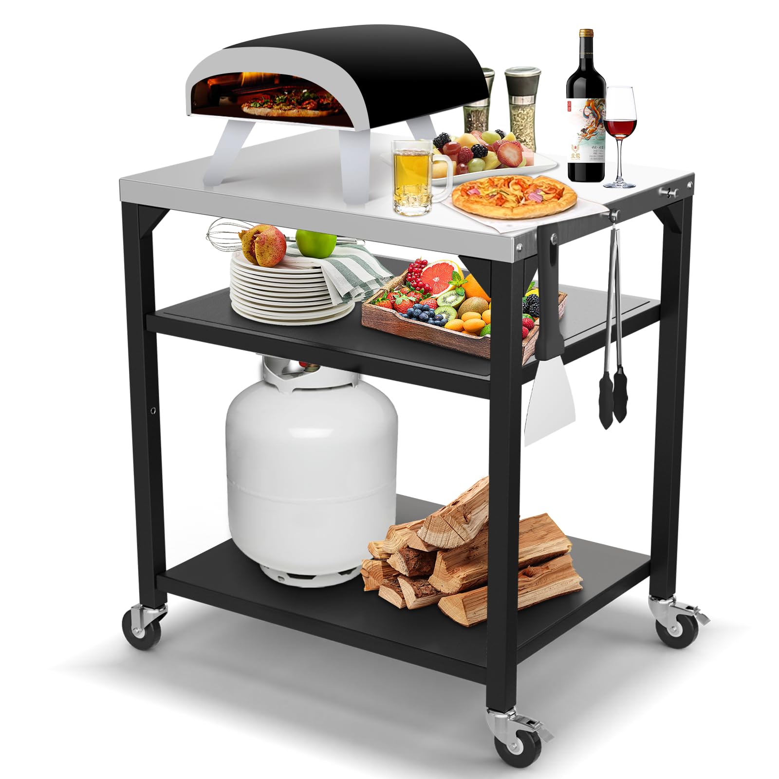 Pizza Oven Table for Ooni, Ninja, Woodfire, Blackstone, Bighorn, Cuisinart, Outdoor Grill Table for Ooni Pizza Oven Accessories, Movable Pizza Oven Stand as Food Prep Cart, Barbecue Tool Set