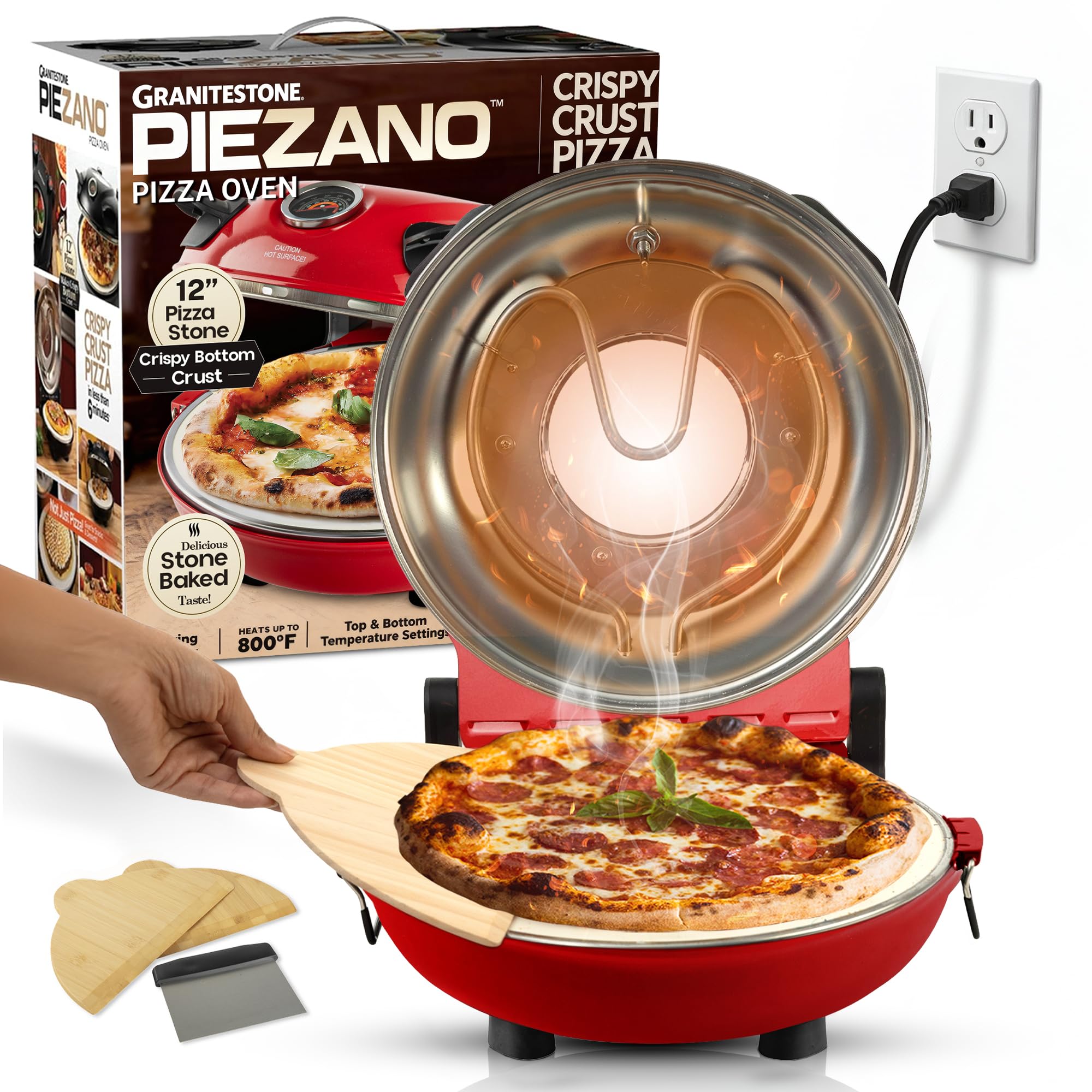 PIEZANO Crispy Crust Pizza Oven by Granitestone – 12 Inch Electric Pizza Oven Indoor Countertop Maker with Ceramic Stone Heats up to 800˚F for Delicious Stone Baked Pizzeria Style Pizza at Home