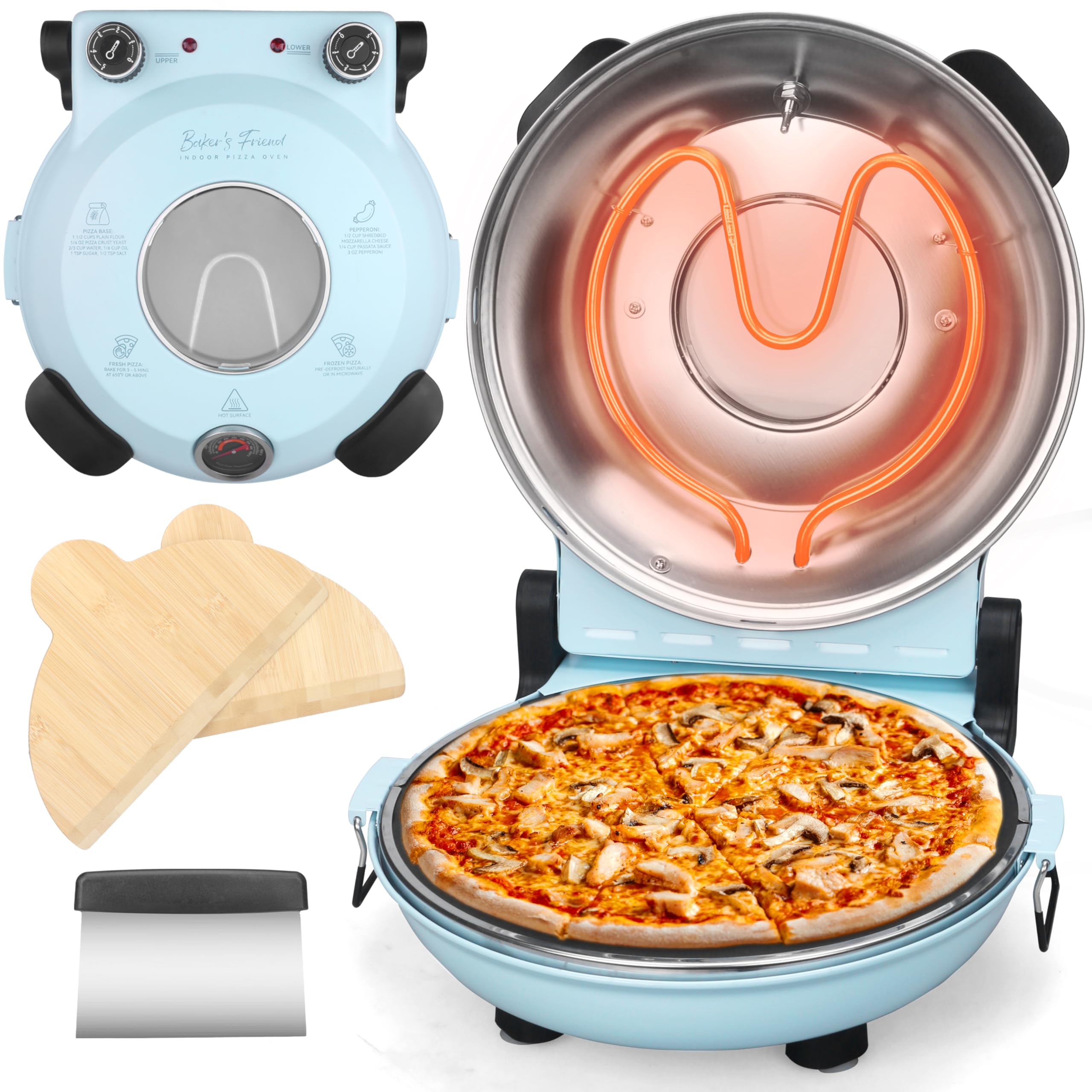Baker's Friend Electric Pizza Oven Indoor Countertop, 12 Inch Maker Machine for Home, Cooker & Grill, Premium Glazed Ceramic Stone Oven, Pale Blue