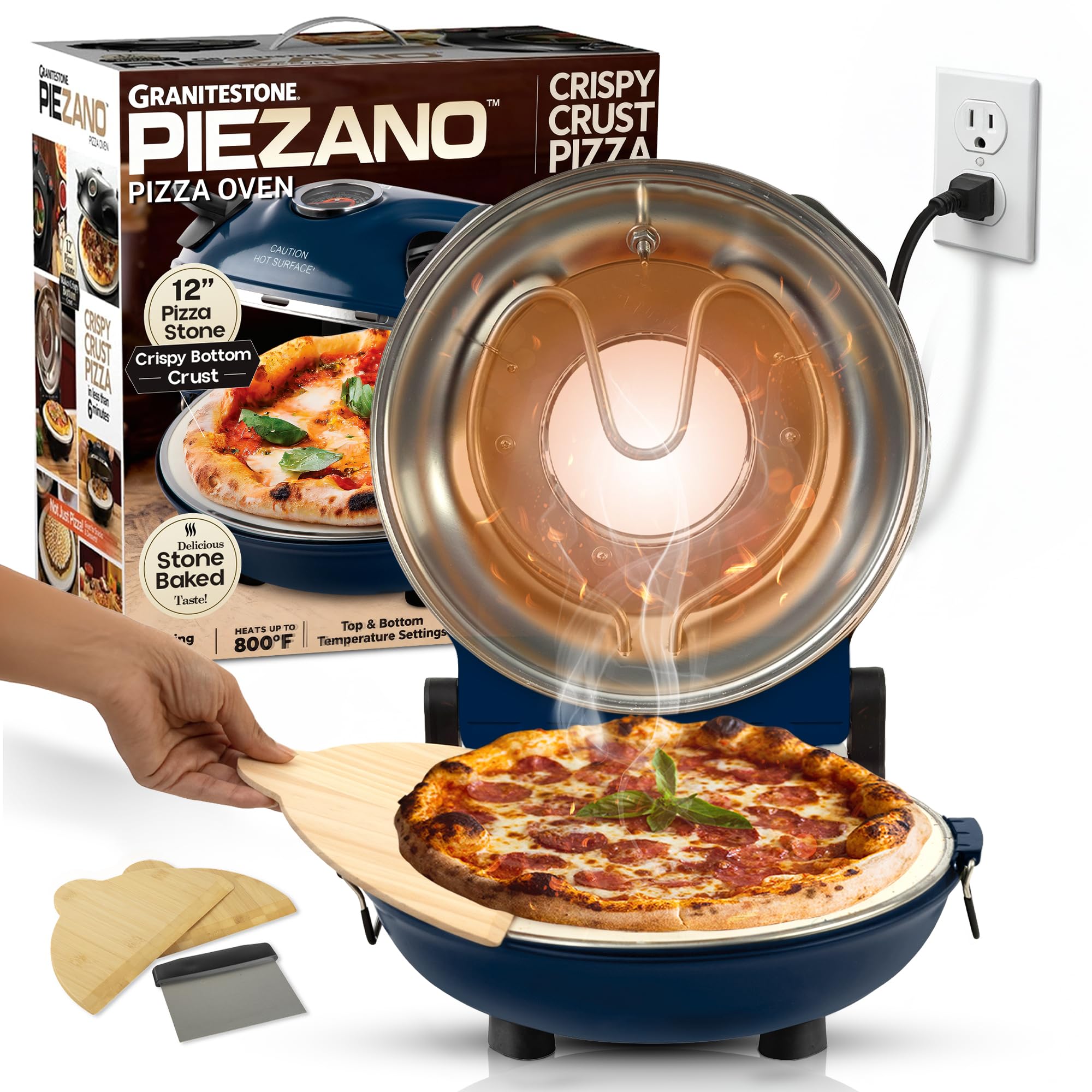 PIEZANO Crispy Crust Pizza Oven by Granitestone – Electric Pizza Oven Indoor Portable, 12 Inch Indoor Pizza Ovens Countertop, Pizza Maker Heats up to 800˚F for Stone Baked Pizza at Home - Navy
