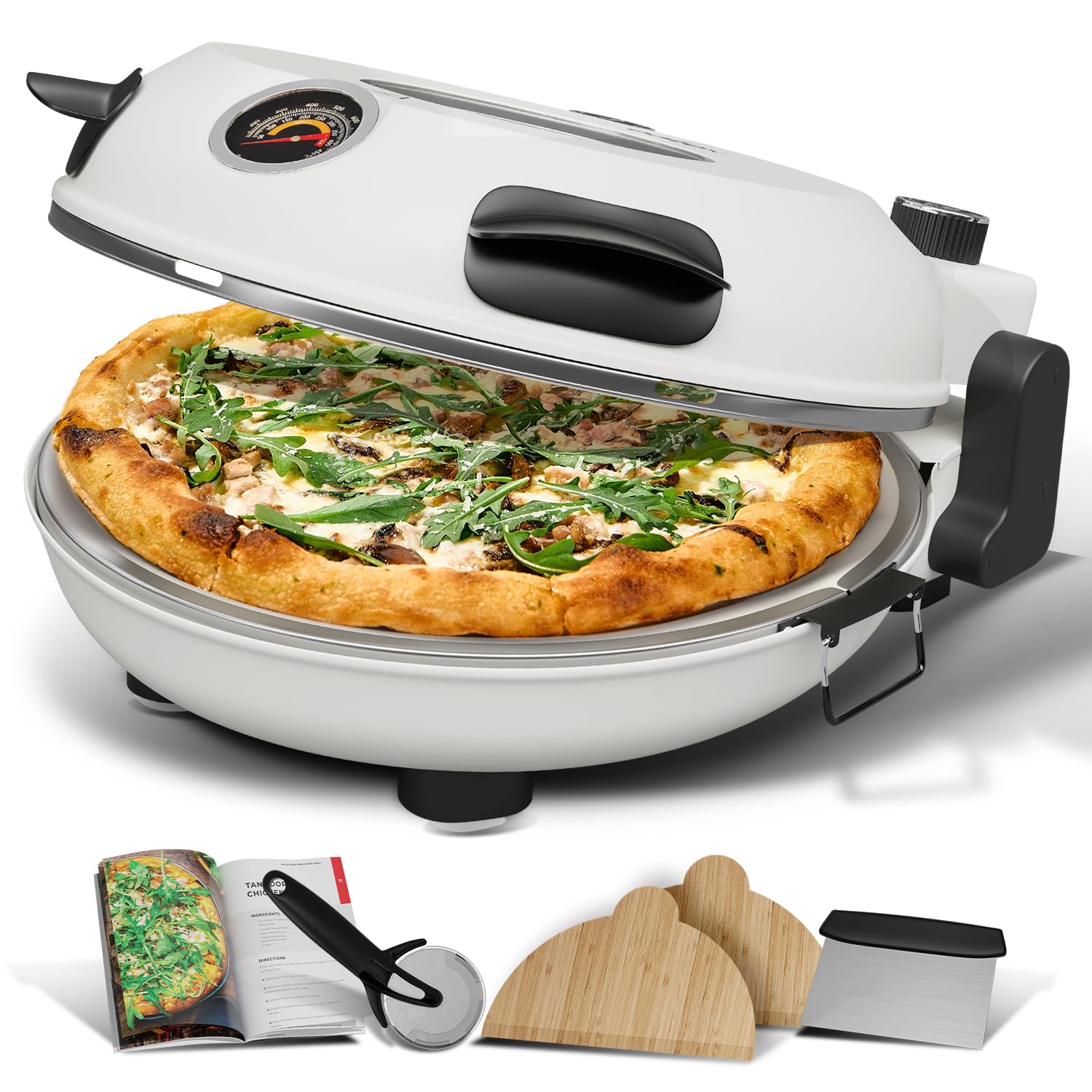 Eatex Electric Pizza Oven Indoor, 12 Inch Countertop Pizza Oven, Portable Stone Pizza Oven, Heats up to 790°F for Crispy Crust, Pizza Maker Machine for Home – Cream