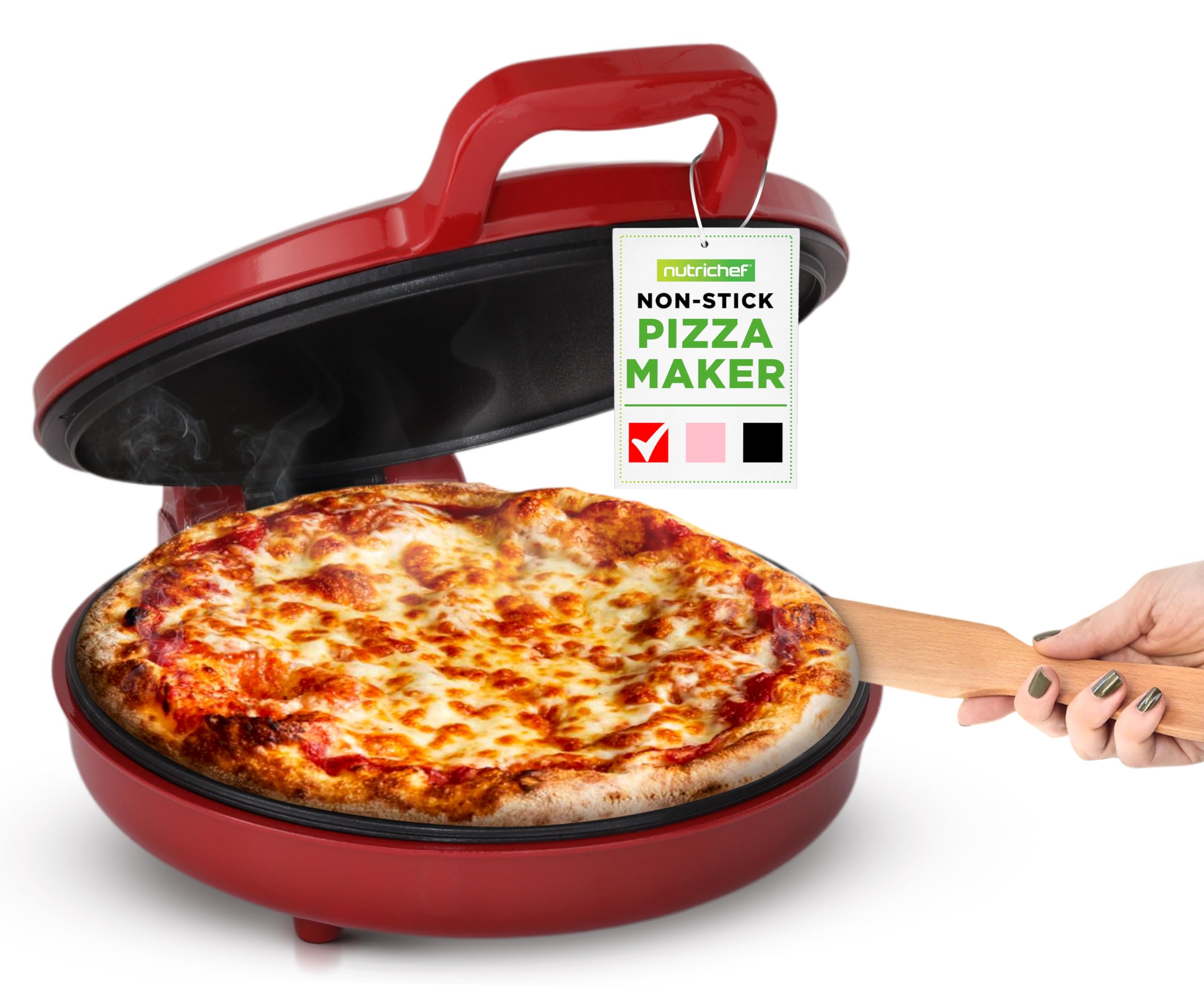 NutriChef Countertop Pizza Maker | 1500W Non-Stick Electric Pizza Cooker | Make 12" Personal Pizzas, Eggs, Toast & More | Cool-Touch Handles, Compact & Space-Saving | Temp Range 175-400°F | Red