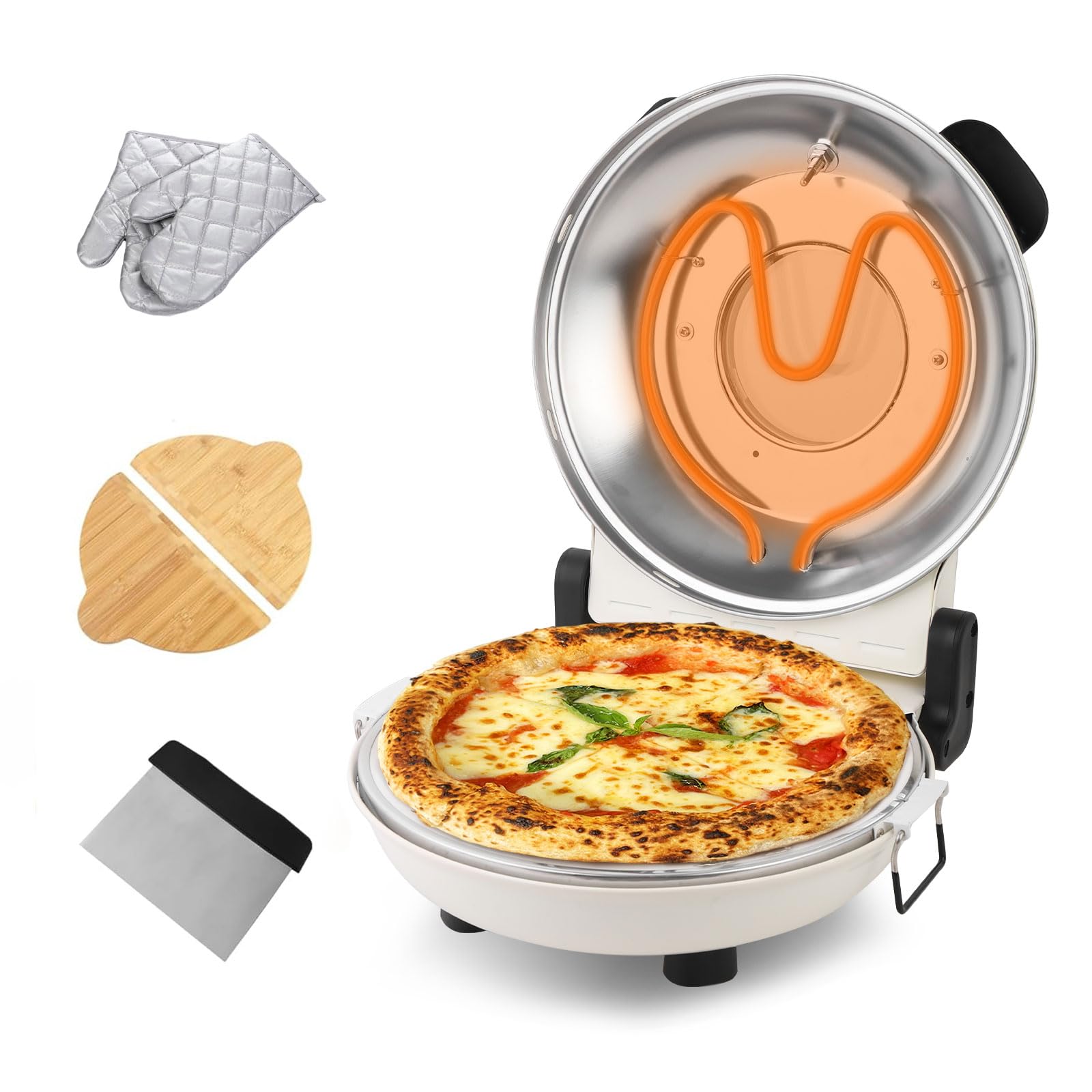 YIBAKE 12-Inch Electric Countertop Pizza Oven – 800°F Indoor Pizza Maker with Pizza Stone, Temperature Control & Timer, Includes Heat-Resistant Gloves, Wooden Peel & Dough Cutter