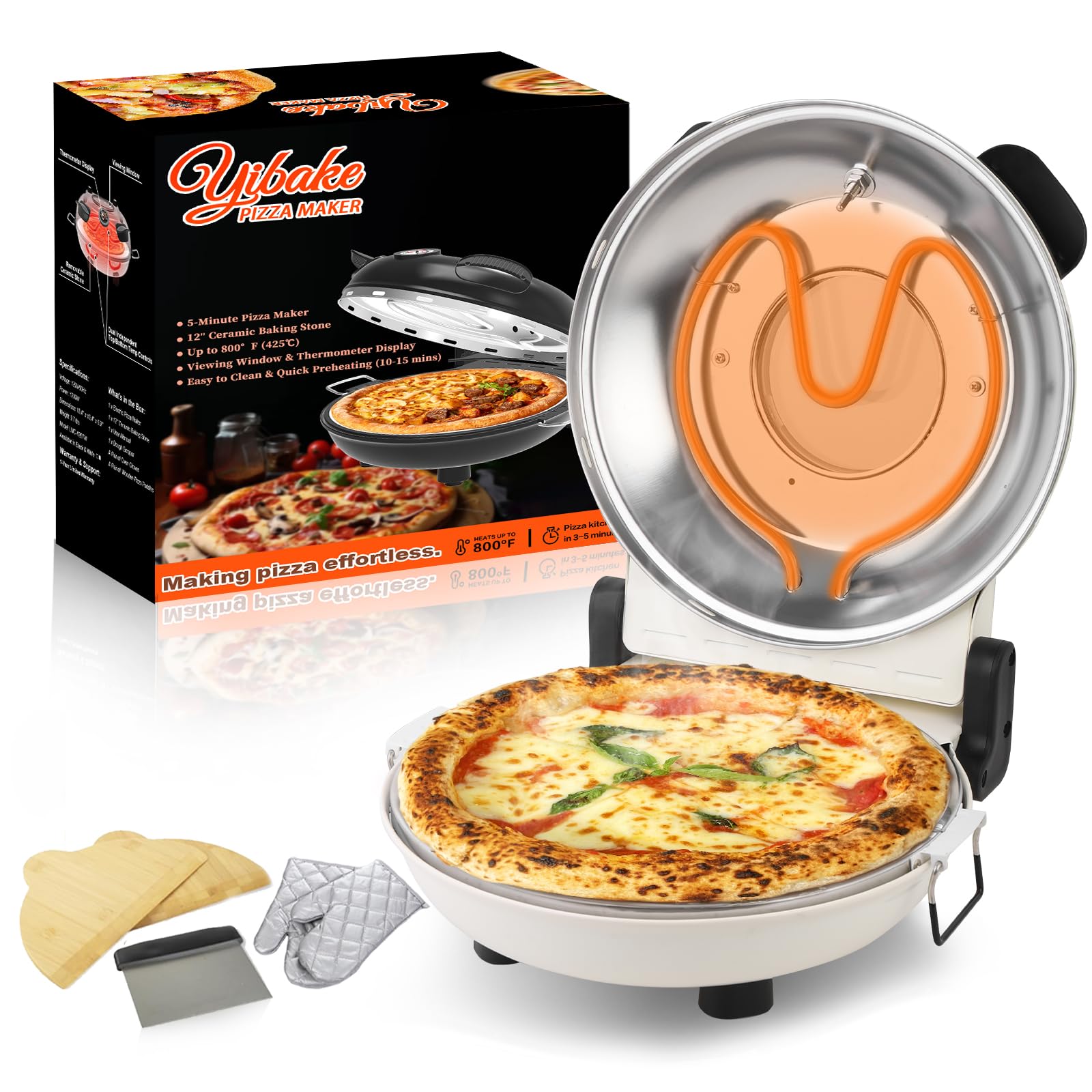 YIBAKE Electric Pizza Maker, 12 Inch Countertop Pizza Oven with Pizza Stone, 1200W Indoor Italian Style Pizza Cooker, Dual Heating with Independent Temperature Control, Heats Up to 800°F, White