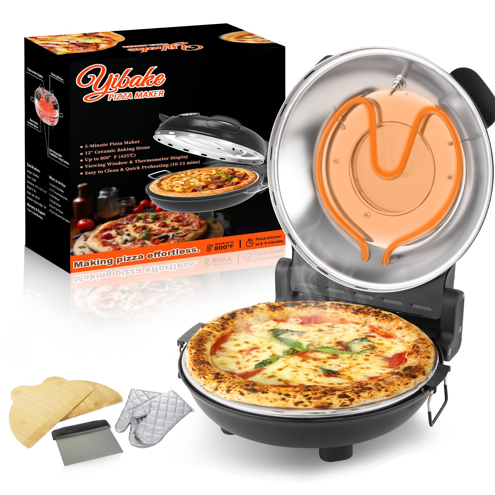 YIBAKE Electric Pizza Maker, 12 Inch Countertop Pizza Oven with Pizza Stone, 1200W Indoor Italian Style Pizza Cooker, Dual Heating with Independent Temperature Control, Heats Up to 800°F, Black