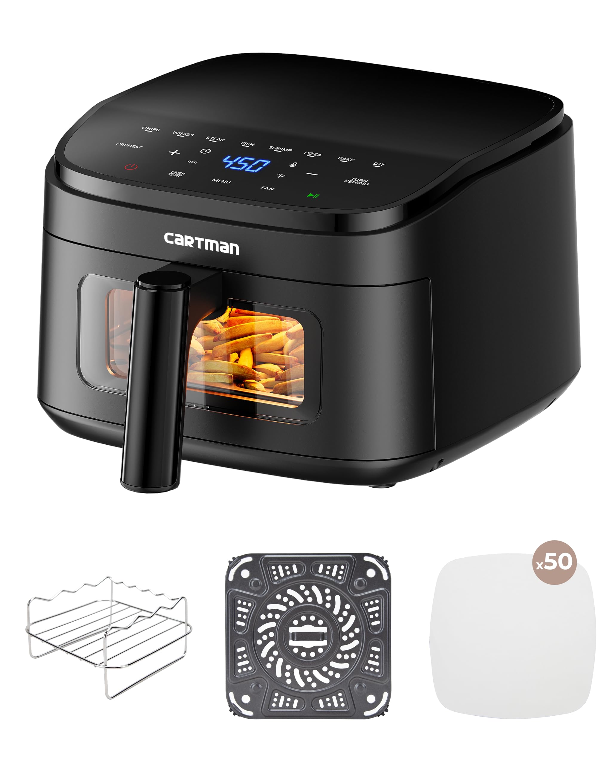 Cartman 4QT Compact Air Fryer, Ultra-Flat 6.7" Height Small Airfryer, Adjustable Airflow Design, Viewing Window, Up to 450℉, 7 Presets Touchscreen, Portable Air Fryer, Black