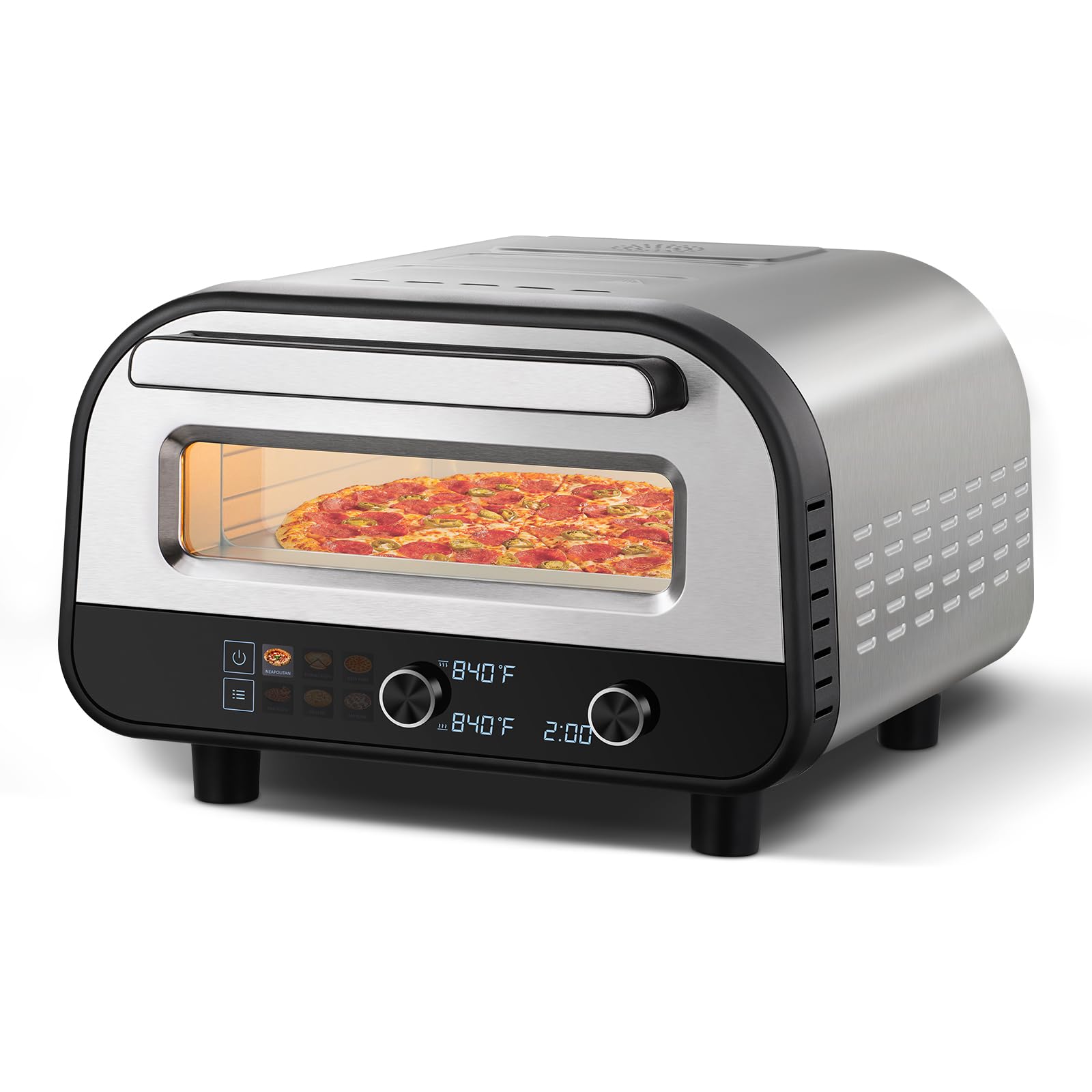 Upgraded indoor Pizza Oven 12 Inch Electric Countertop Pizza Oven with 6 Mode Heats up to 840°F Pizza Maker Pizza Cooker for Home Kitchen, Restaurants, Parties - Stainless Steel