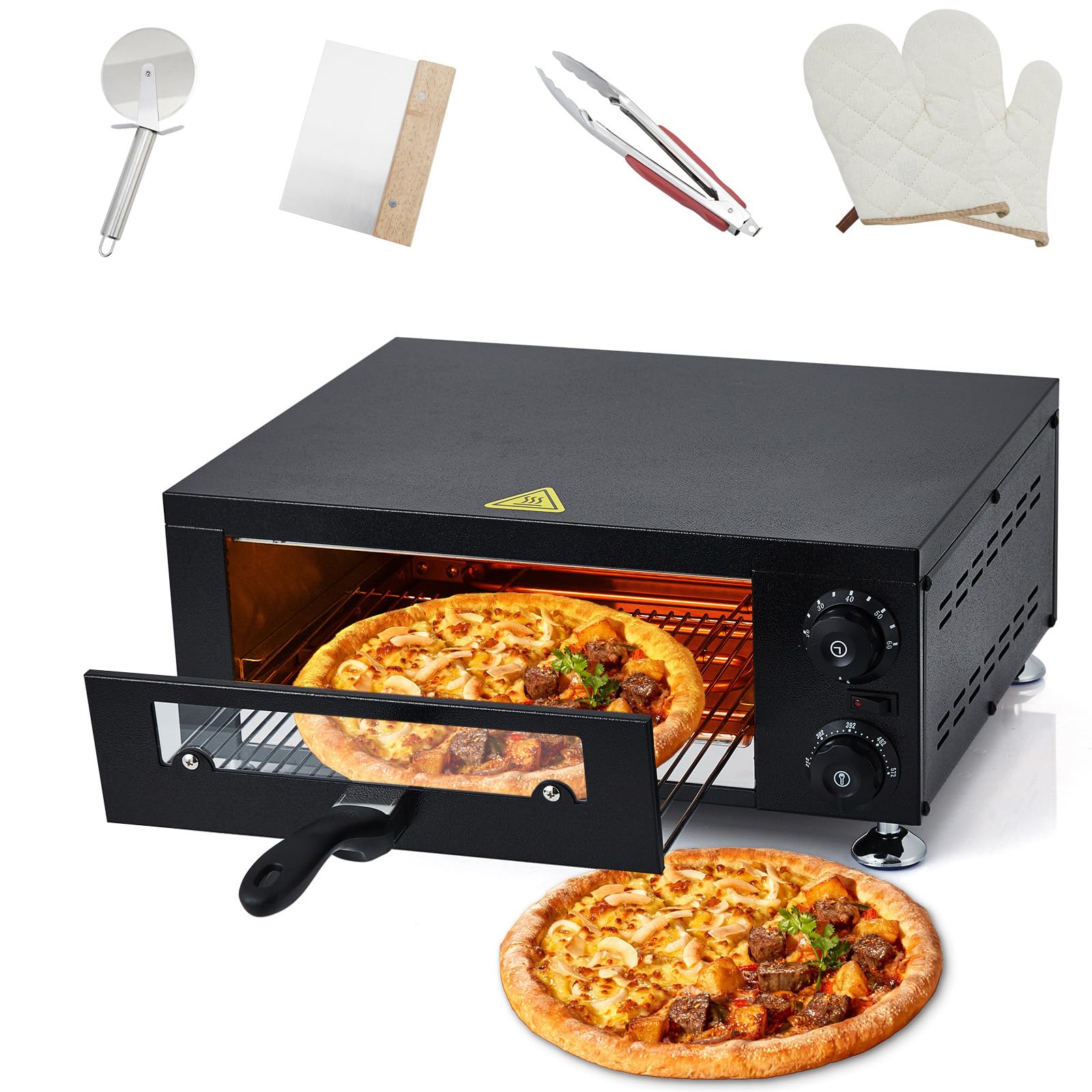 Electric Pizza Oven Indoor Countertop Pizza Oven with Viewing Window, 12 Inch Stainless Steel Electric Countertop Pizza Maker for Fast Baking, Kitchen, Restaurant, Home Use, 1100W, Black