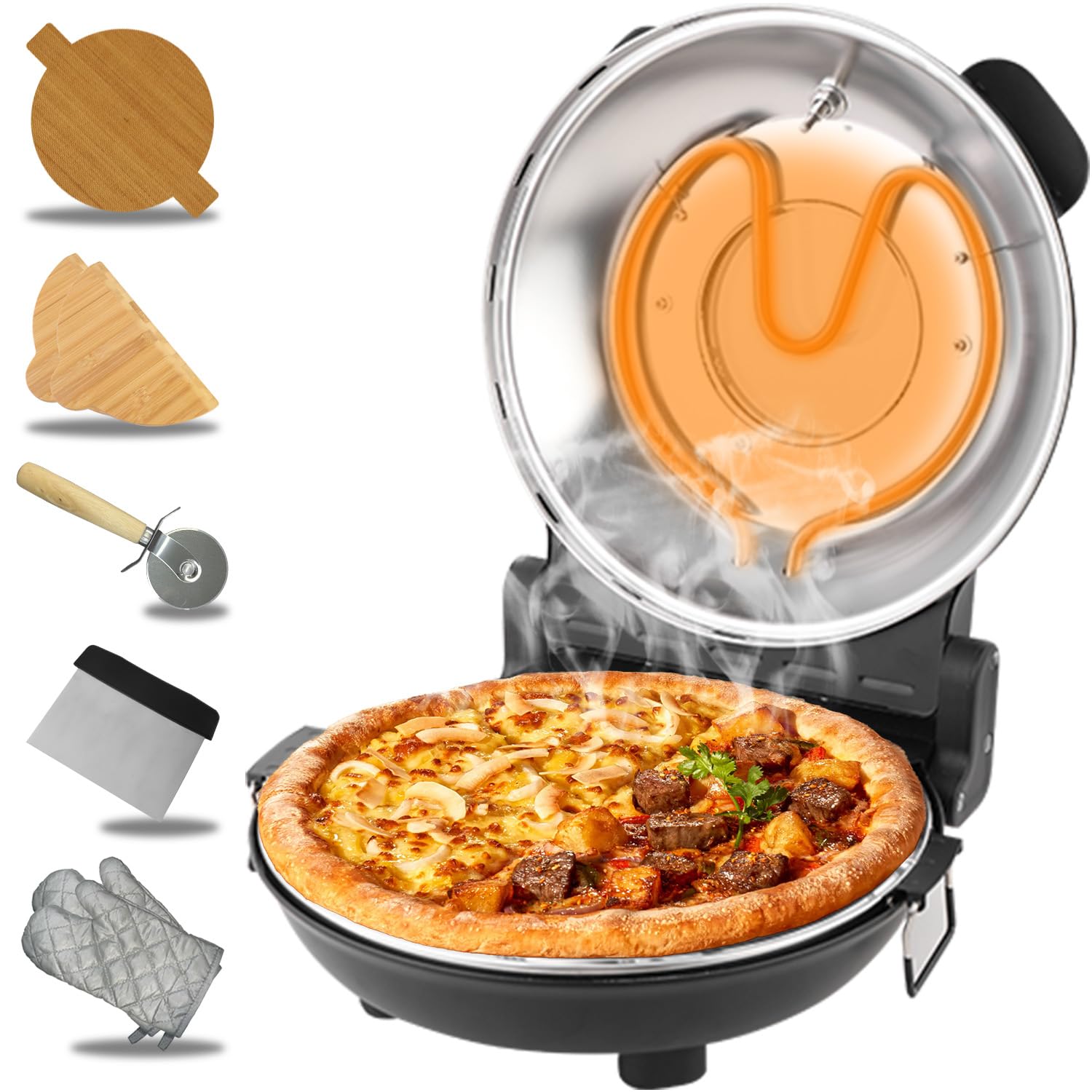 ECUMFFY Pizza Oven Indoor, 12 Inch Retro Pizza Maker, Rapid Heating 800˚F, 1200W Glazed Ceramic Stone Electric Pizza Cooker, Two-button Precise Temperature Control, Viewing Window for Precise Cooking