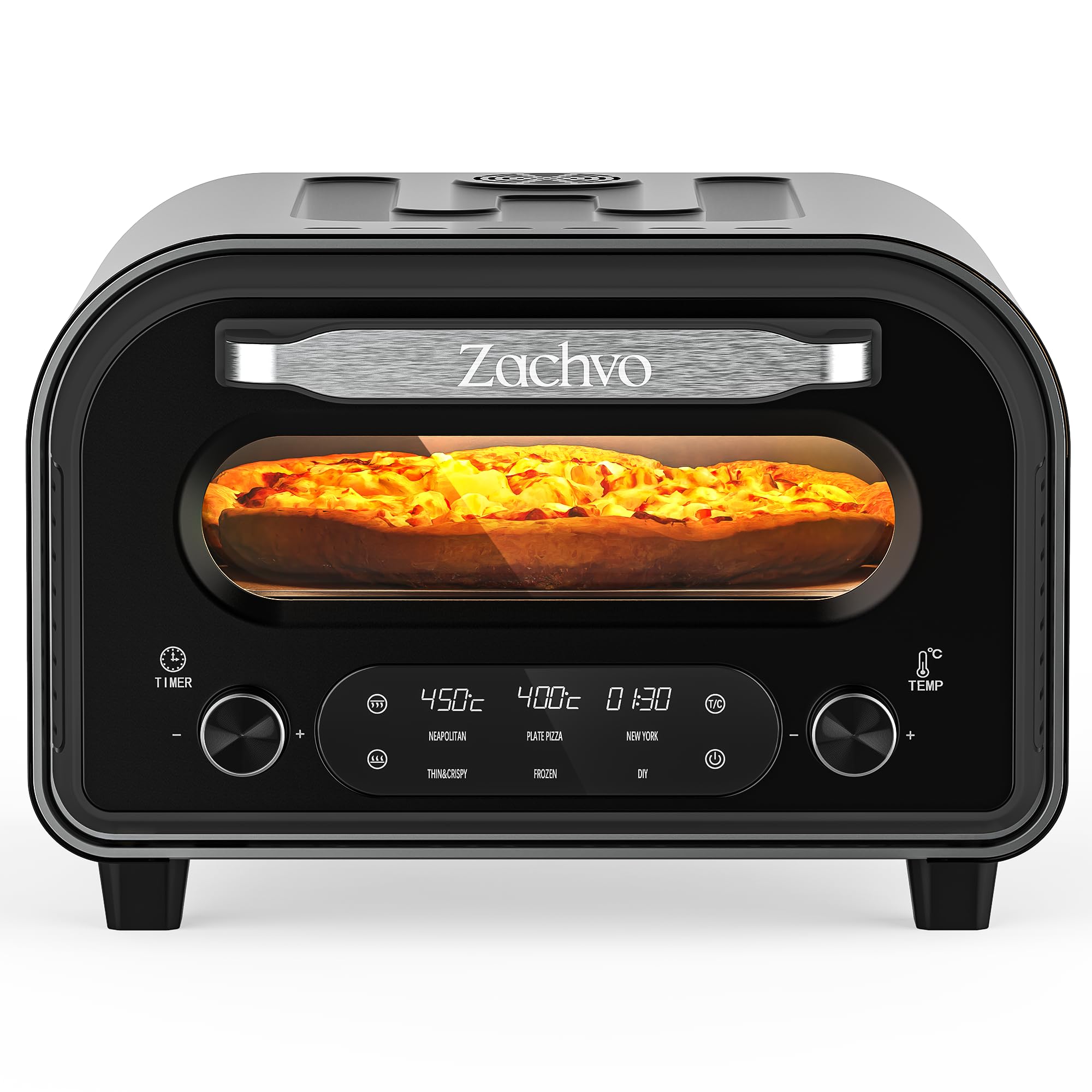 ZACHVO Electric Pizza Oven – Up to 850℉, 90 Sec Neapolitan Pizza Maker, 5 Presets, LED Touch & Dial, Stainless Steel,Indoor Use, Includes Pizza Stone, Peel & Recipe Book, Fits 12” Pizzas, Dark Grey