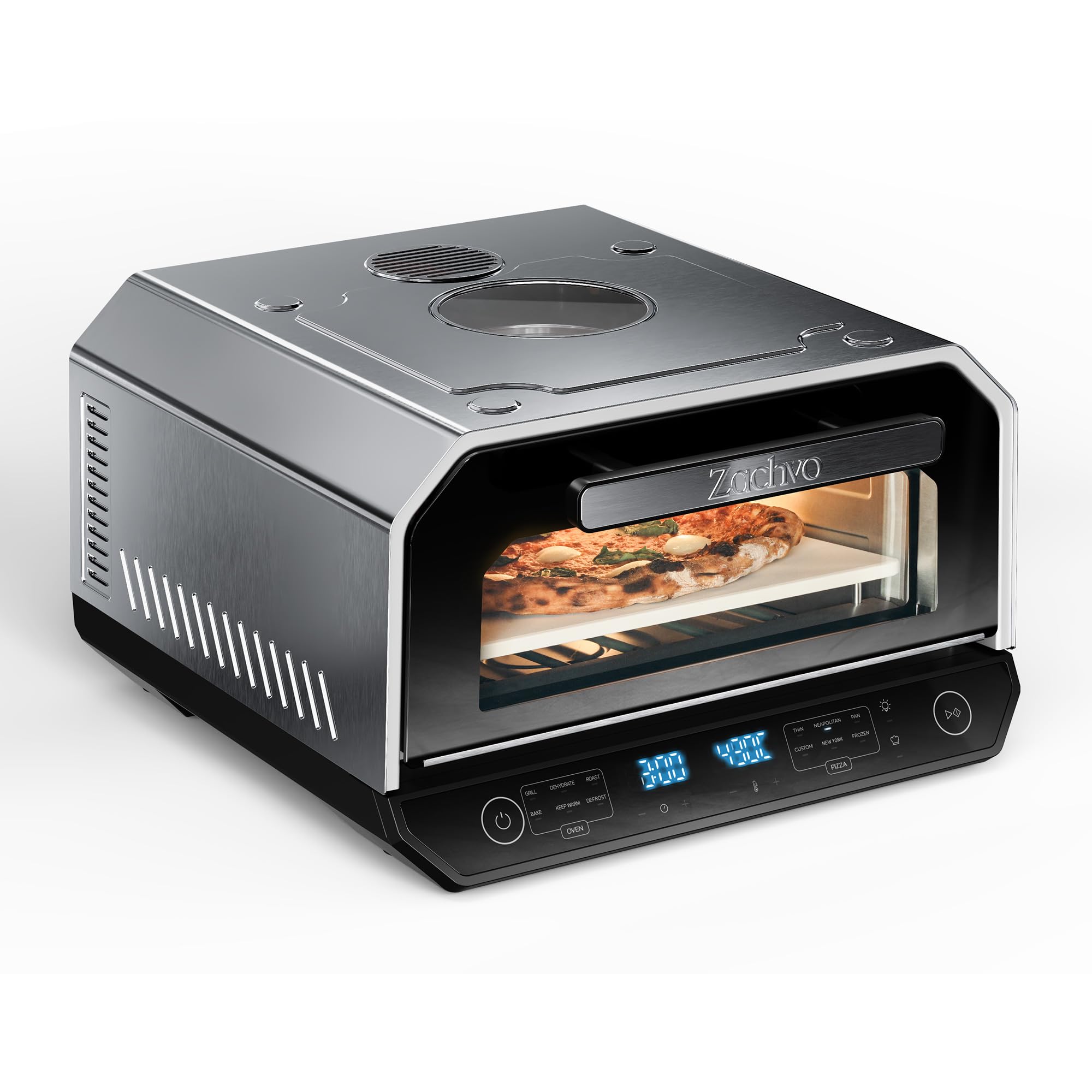 Indoor Pizza Oven, Makes 12 Inch Pizzas in 90 Seconds, Heats up to 850°F Countertop Pizza Oven, 6 Touchscreen Presets Electric Pizza Oven for Kitchen, Baking Tray & Pizza Stone Peel Included-Silver